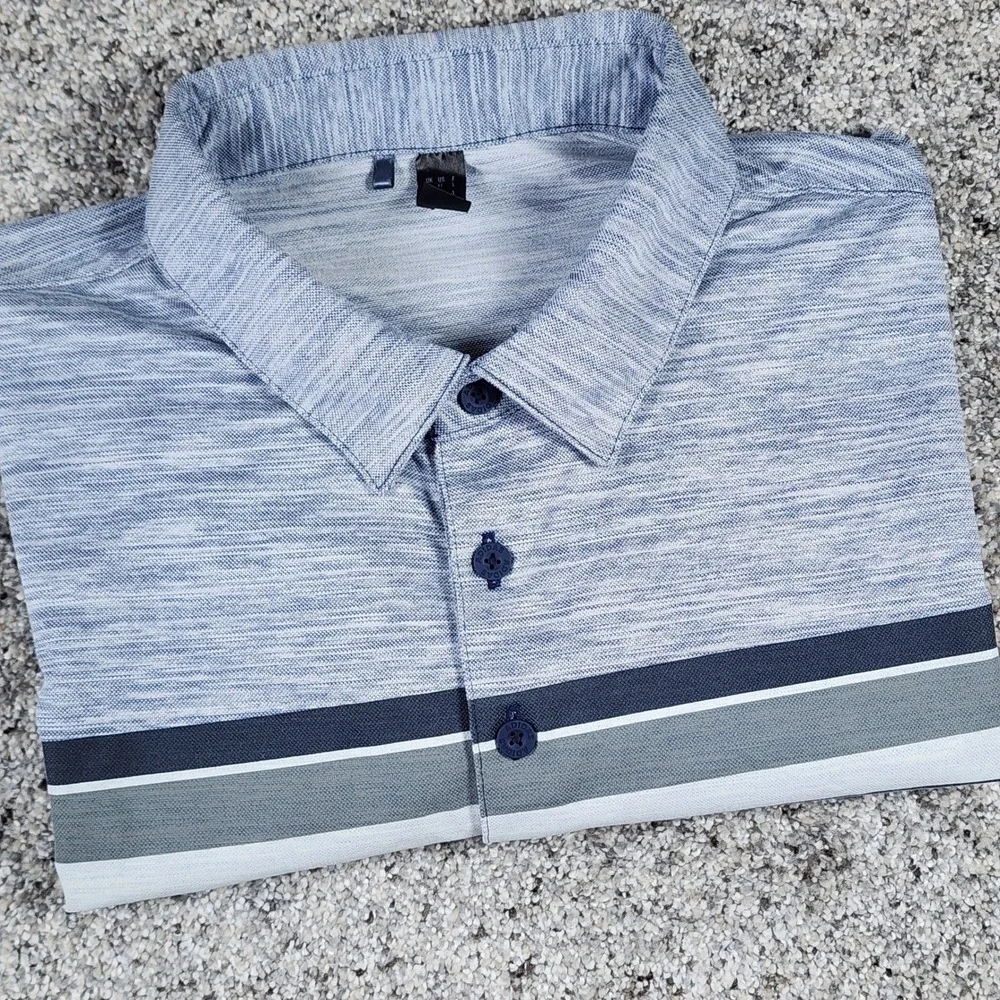 Adidas Polo Shirt Mens L Blue Space Dye Chest Stripe Golf Top Excellent